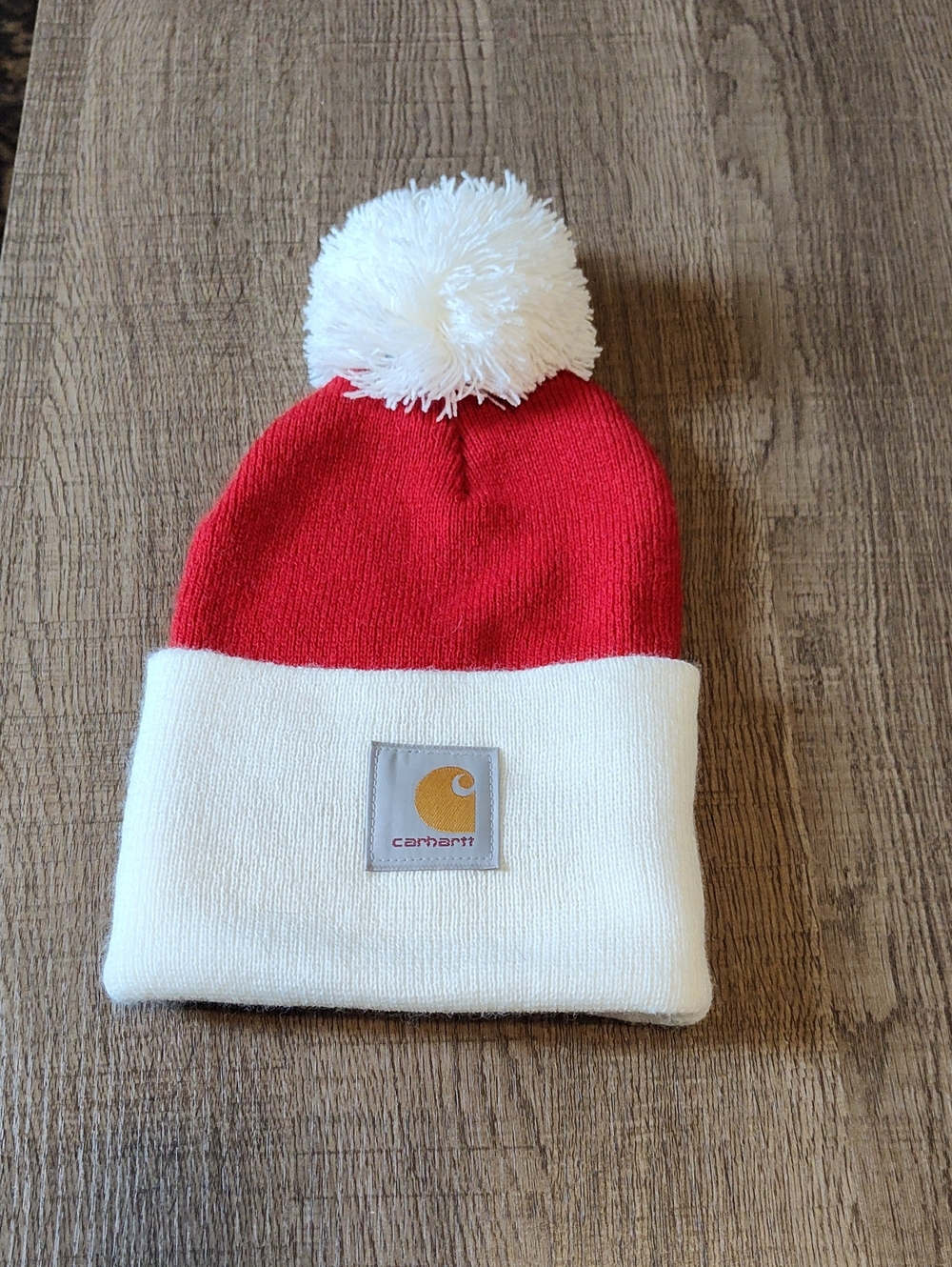 Carhartt Pom Beanie - Red and White with Yellow Logo